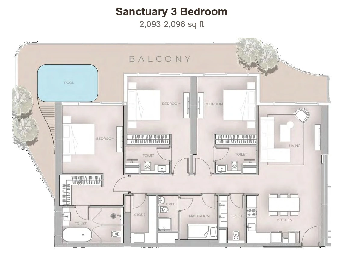 Beverly Grande Sanctuary 3 Bedroom, 2,093-2,096 sq ft apartment floor plan
