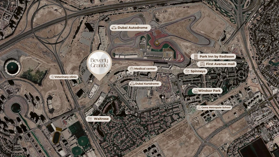 Beverly Grande Motor City location master plan showing nearby landmarks and daily amenities