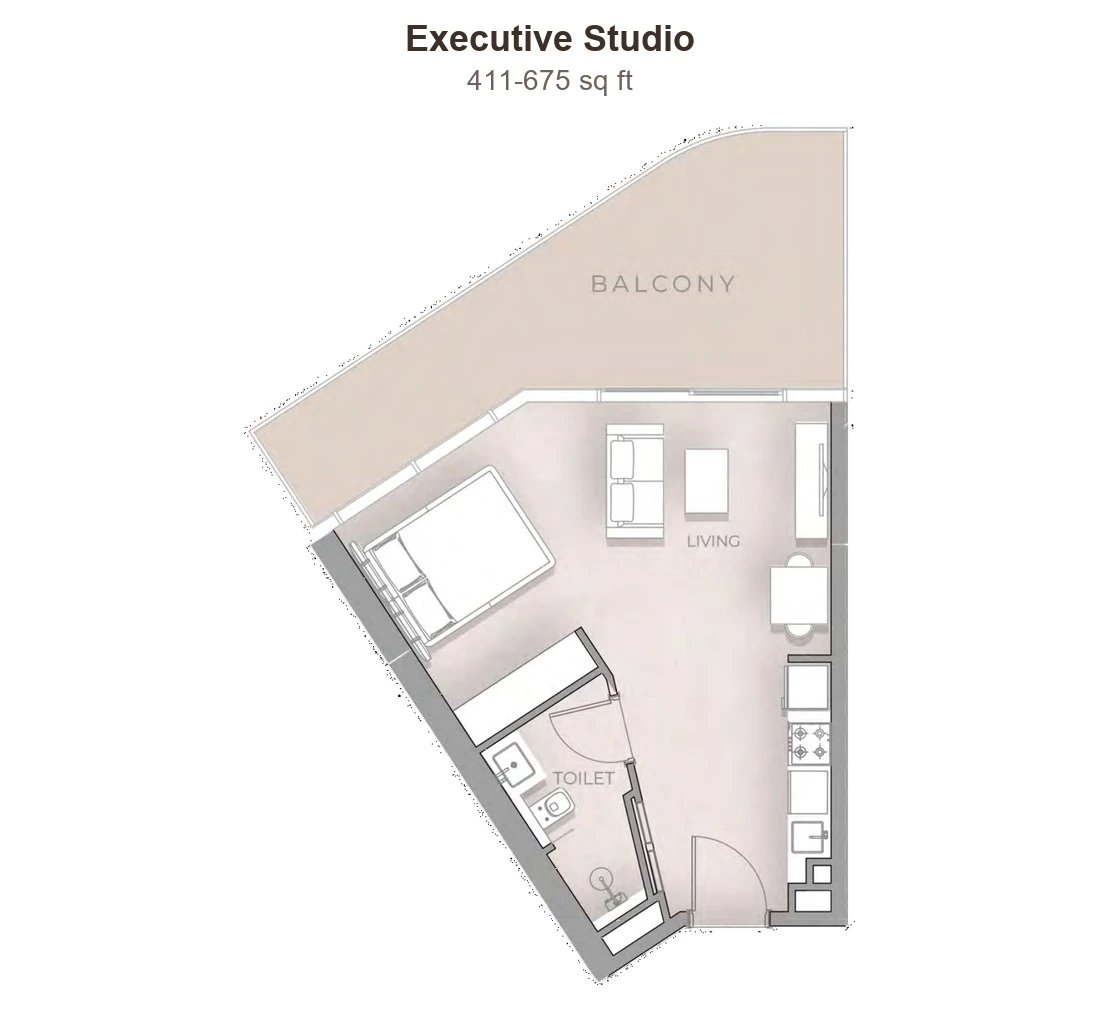 Beverly Grande Executive Studio, 411-675 sq ft apartment floor plan