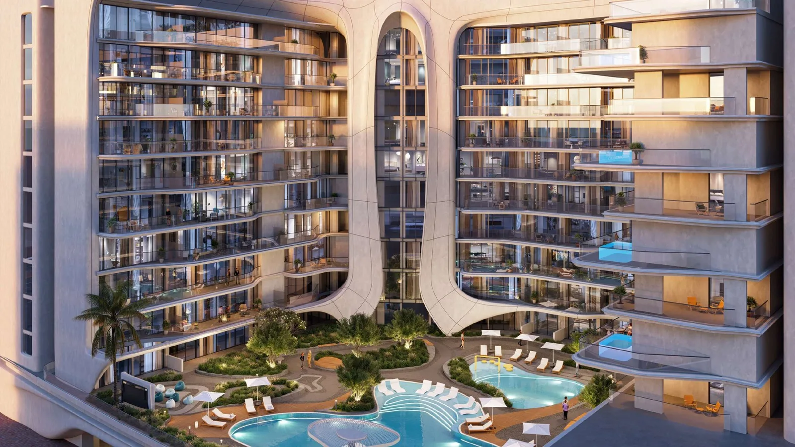 Inner courtyard and swimming pools at Beverly Grande