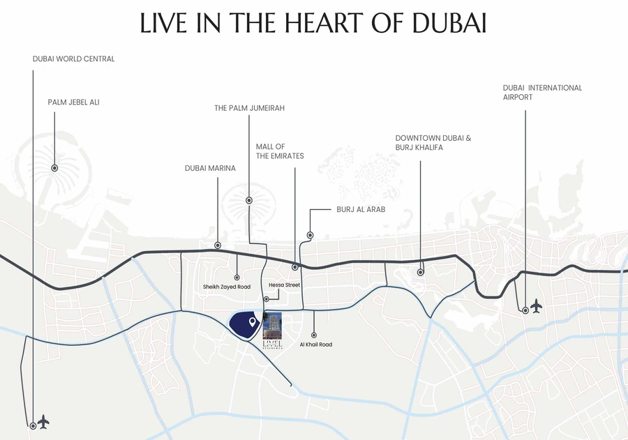 Livel Residenza Jumeirah Village Circle connectivity master plan showing nearby roads and destinations