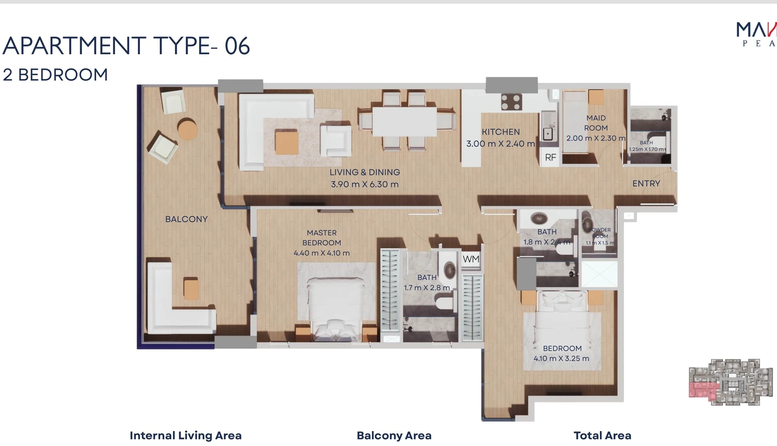 Manam Pearl 2-bedroom apartment Type 06 floor plan, Typical Floors 2-11, 1,388.33 sq ft