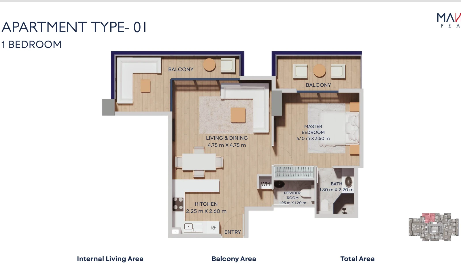 Manam Pearl 1-bedroom apartment Type 01 floor plan, Typical Floors 2-11, 835.60 sq ft