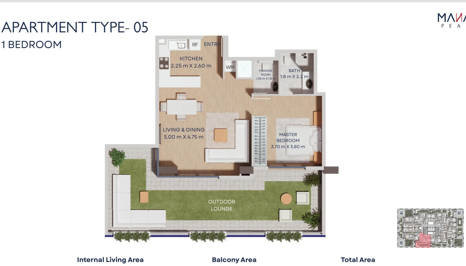 Manam Pearl 1-bedroom apartment Type 05 floor plan, First Floor, 1,074.67 sq ft