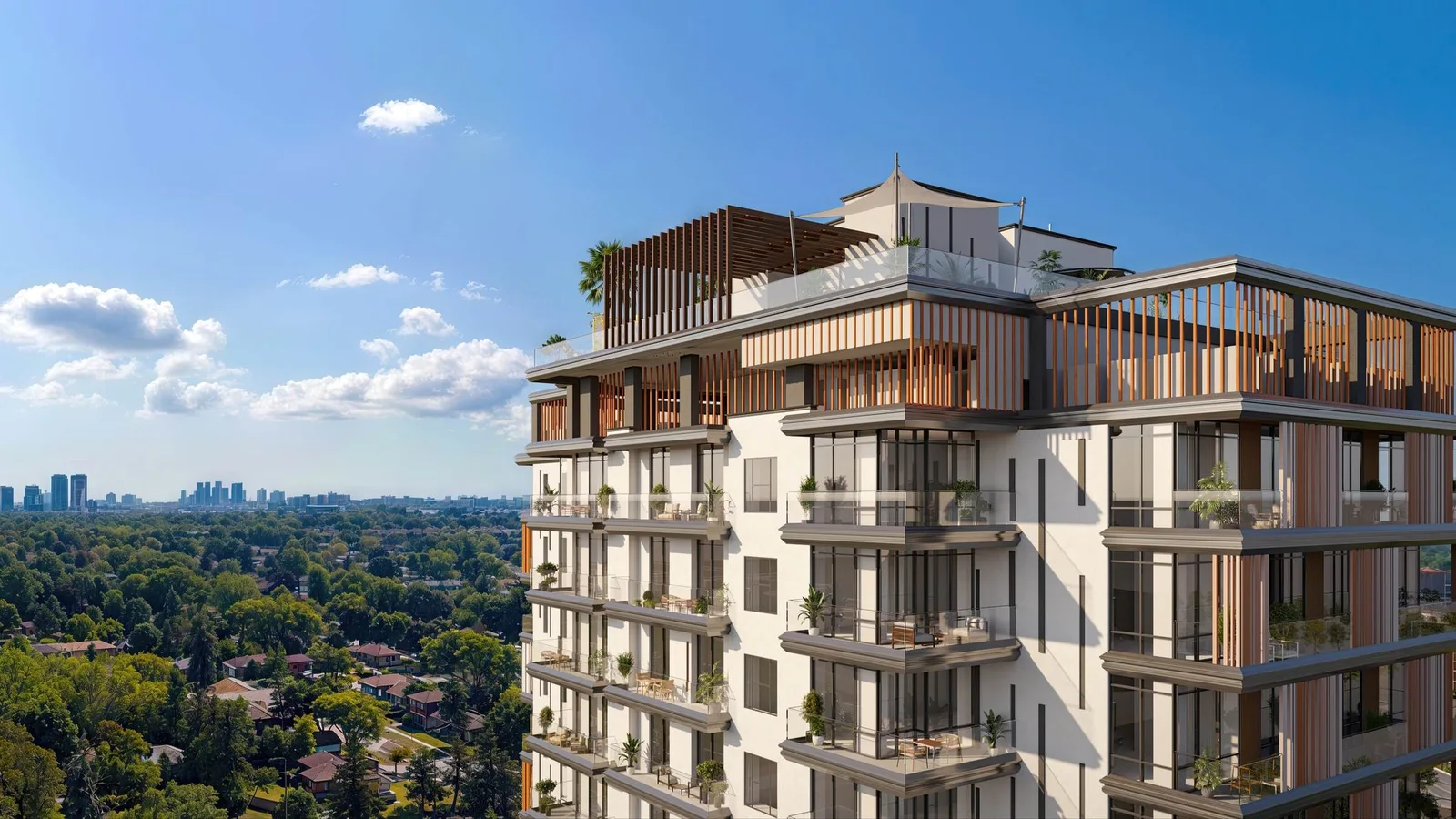 Upper exterior of Manam Pearl with rooftop architecture