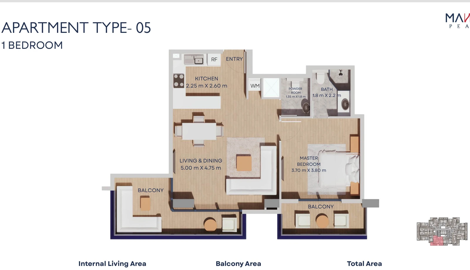 Manam Pearl 1-bedroom apartment Type 05 floor plan, Typical Floors 2-11, 821.82 sq ft