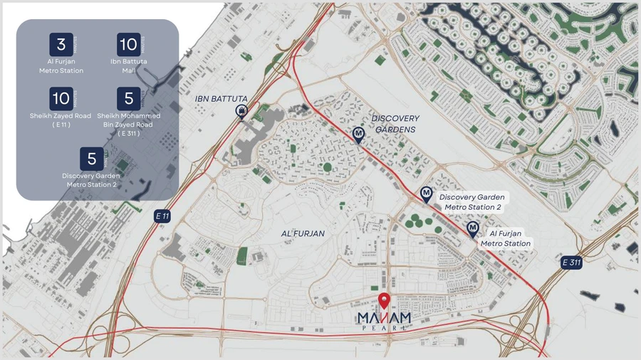 Manam Pearl location master plan in Al Furjan with nearby metro stations, major roads and Ibn Battuta Mall