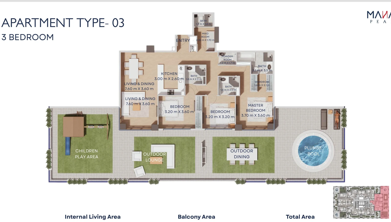 Manam Pearl 3-bedroom apartment Type 03 floor plan, First Floor, 3,181.60 sq ft