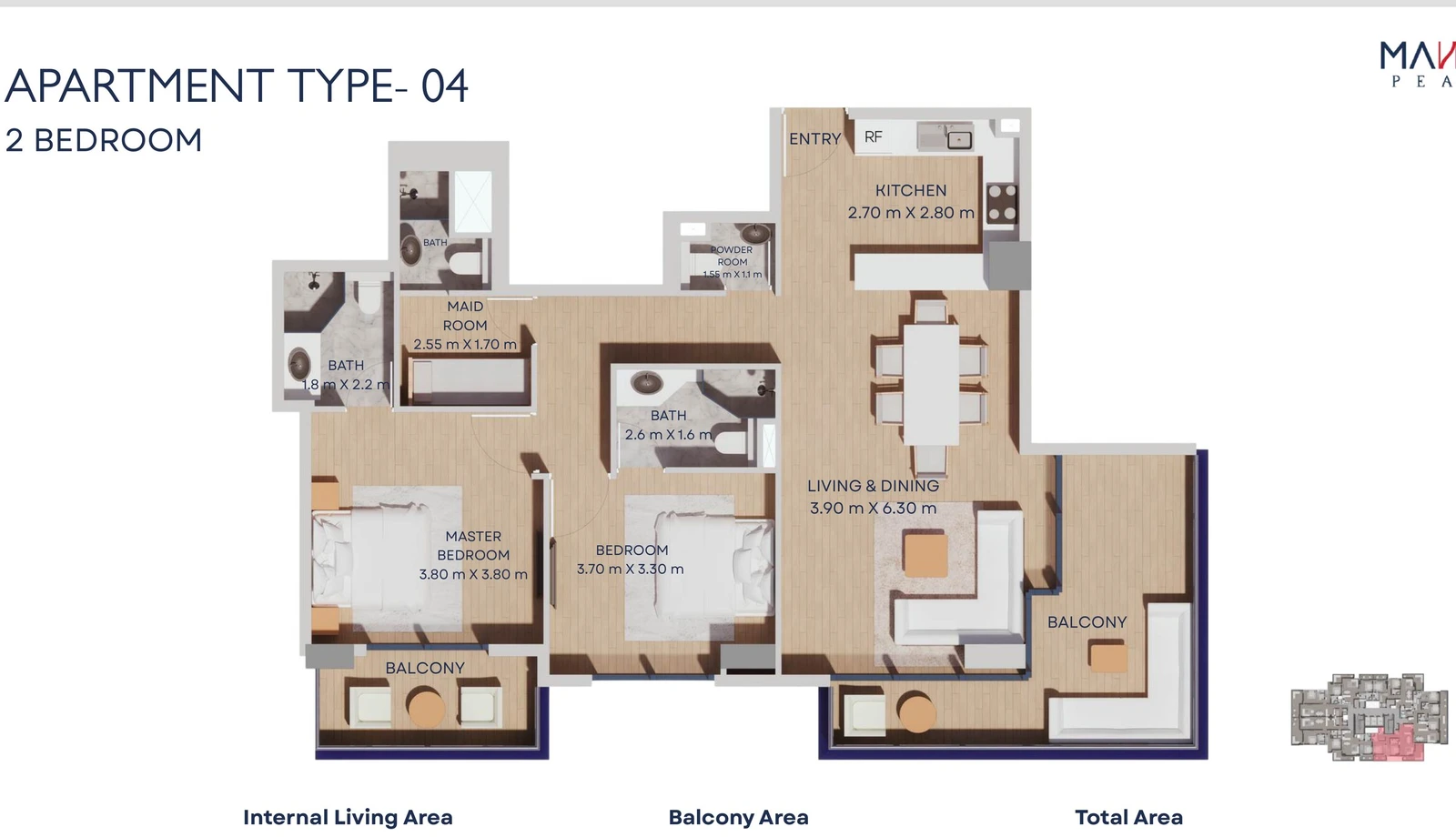 Manam Pearl 2-bedroom apartment Type 04 floor plan, Typical Floors 2-11, 1,228.81 sq ft