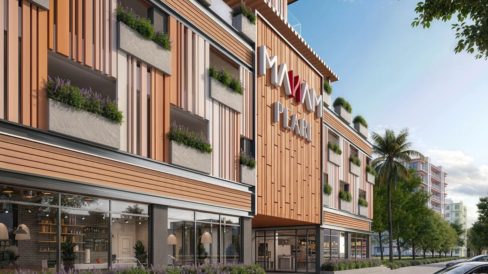 Street-level podium and retail frontage at Manam Pearl