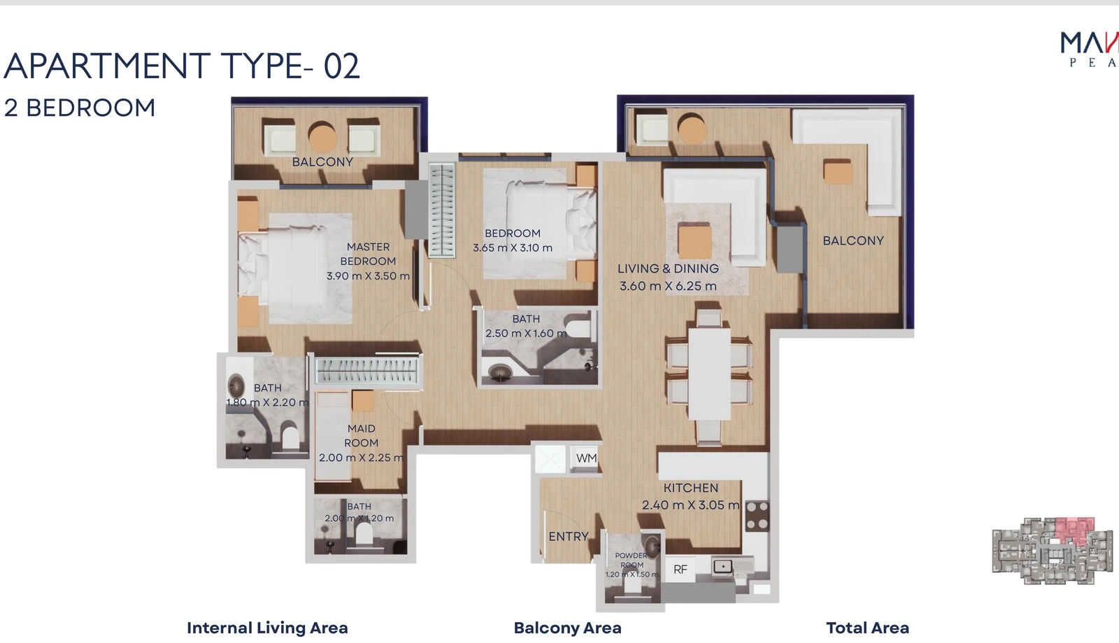 Manam Pearl 2-bedroom apartment Type 02 floor plan, Typical Floors 2-11, 1,246.25 sq ft