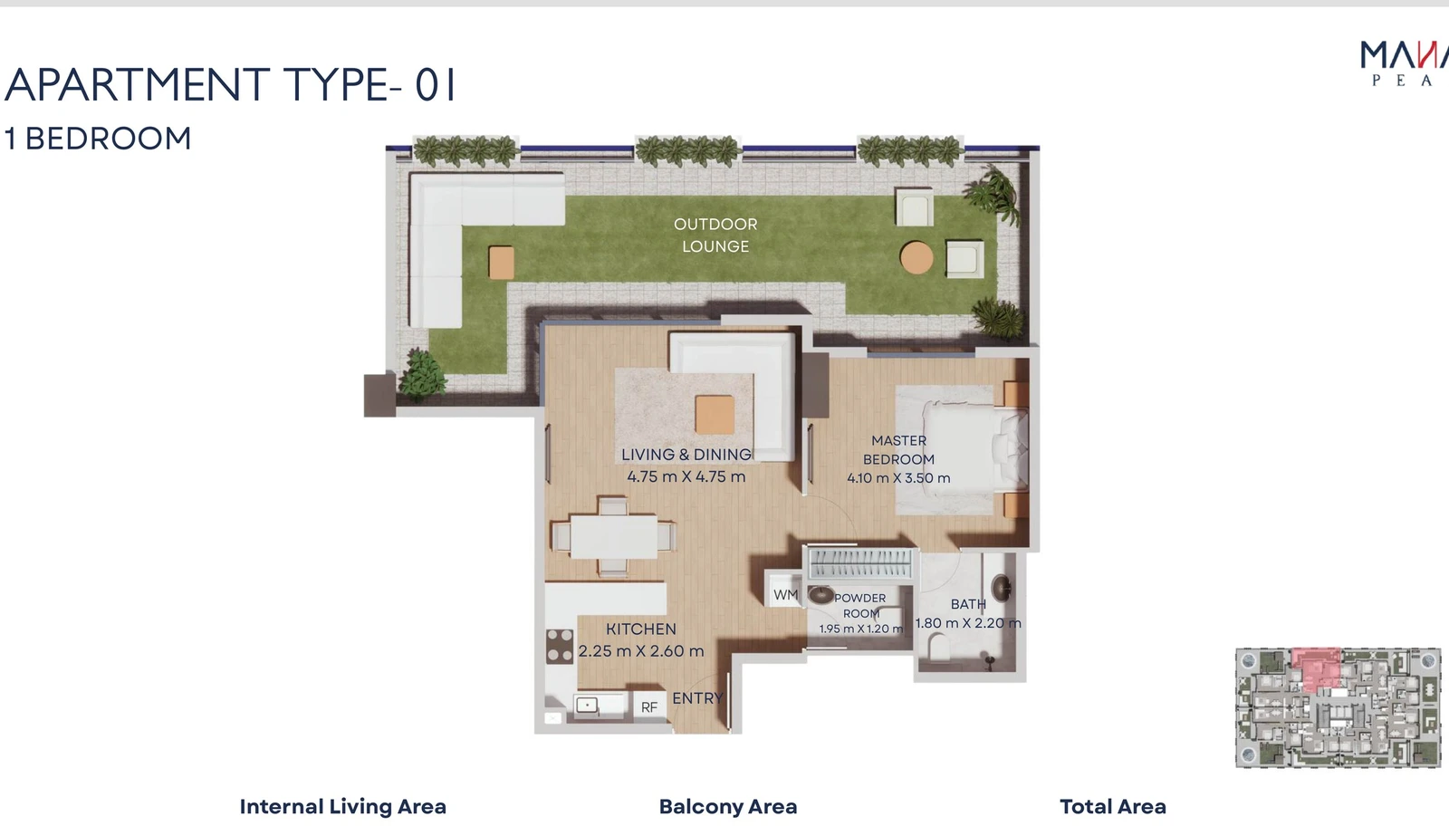 Manam Pearl 1-bedroom apartment Type 01 floor plan, First Floor, 1,092.97 sq ft