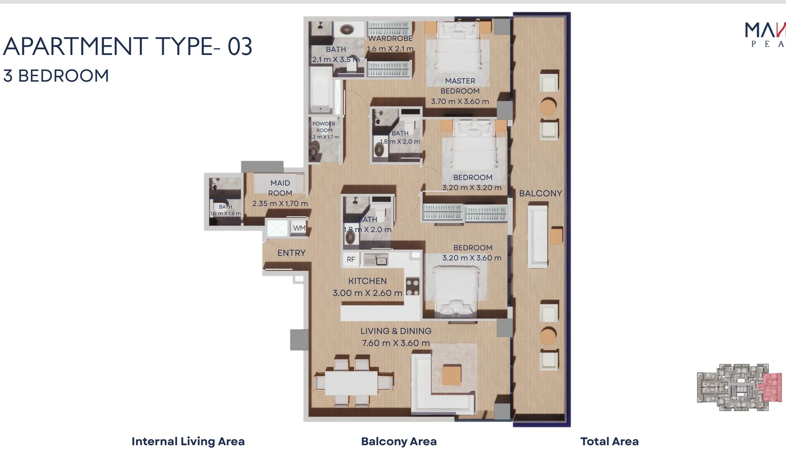 Manam Pearl 3-bedroom apartment Type 03 floor plan, Typical Floors 2-11, 1,697.15 sq ft