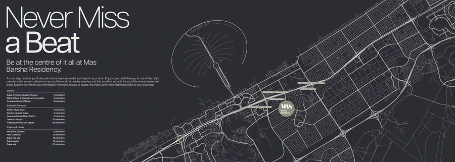 Mas Barsha Residency location map in Al Barsha with nearby roads, metro, schools, malls and airports