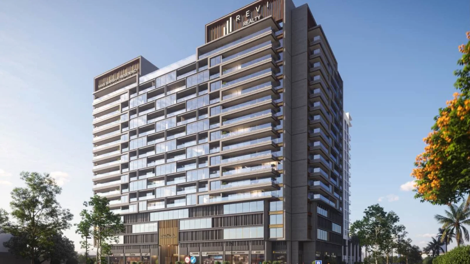 Mas Barsha Residency tower and landscaped street frontage in Al Barsha