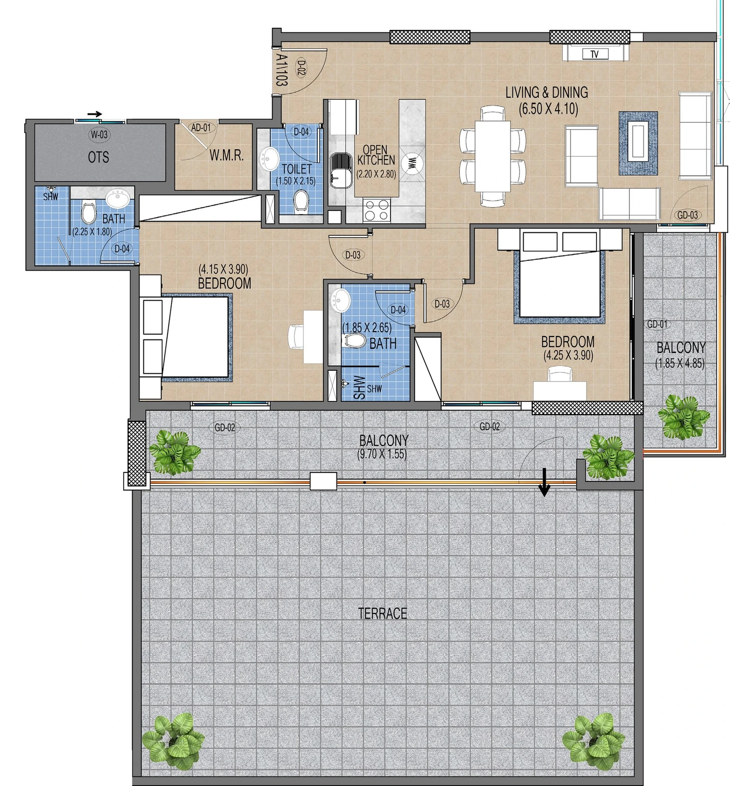 Purvanchal Triana Residences 2-bedroom apartment floor plan A1/103, 2,161 sq ft