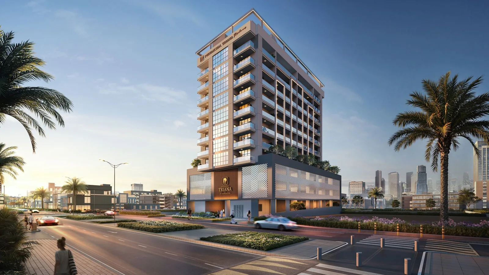 Purvanchal Triana Residences tower and landscaped street frontage in Jumeirah Garden City