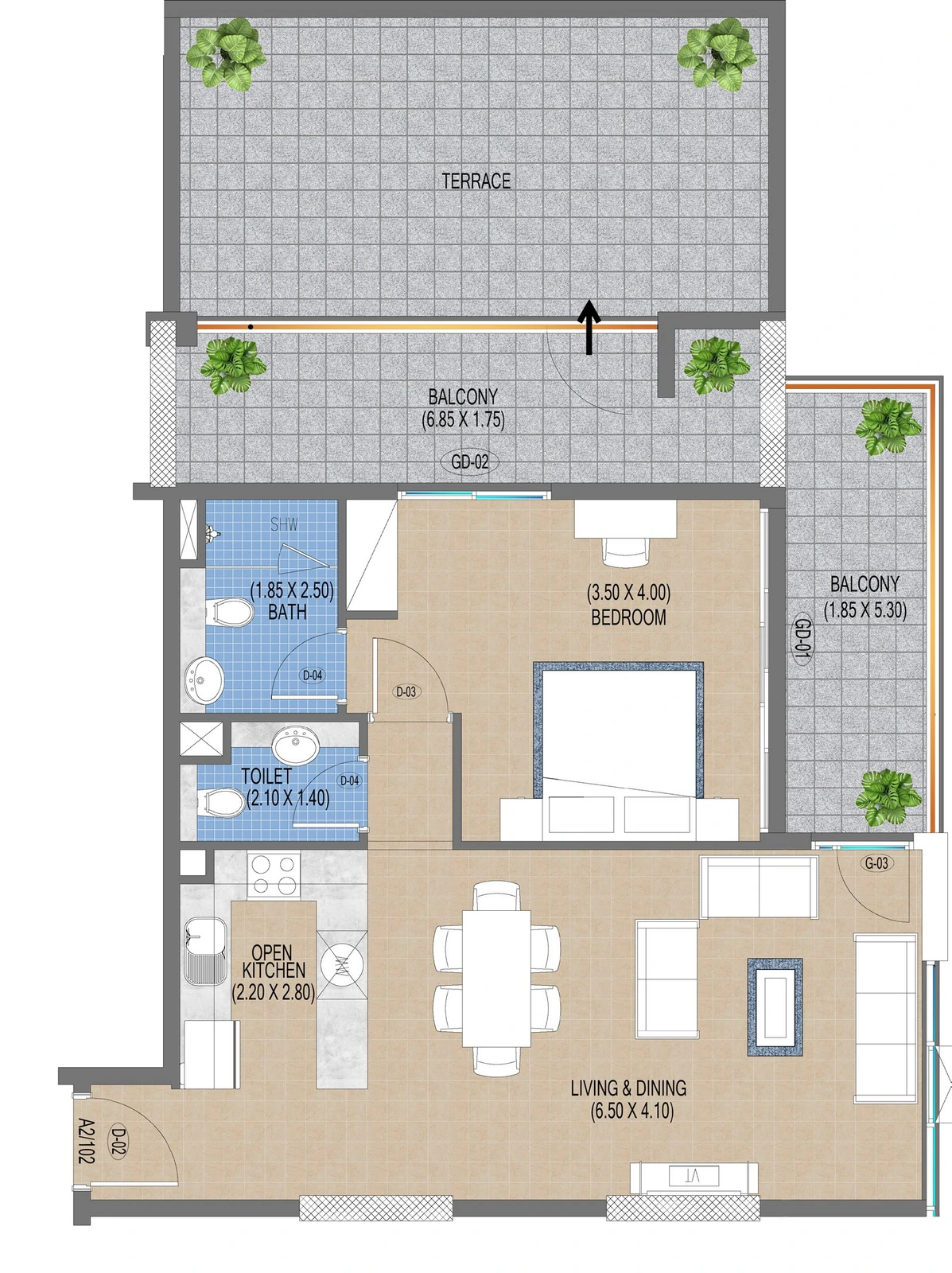 Purvanchal Triana Residences 1-bedroom apartment floor plan A2/102, 1,280 sq ft