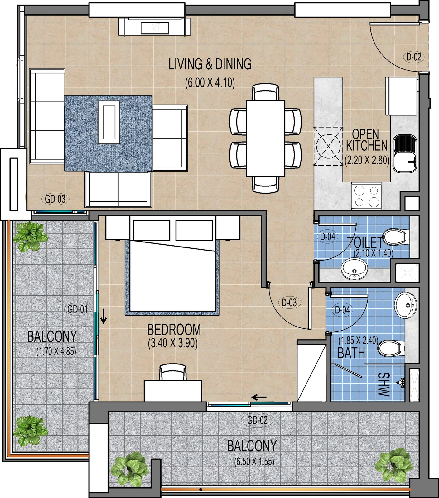 Purvanchal Triana Residences 1-bedroom apartment floor plan A2/207, 911 sq ft
