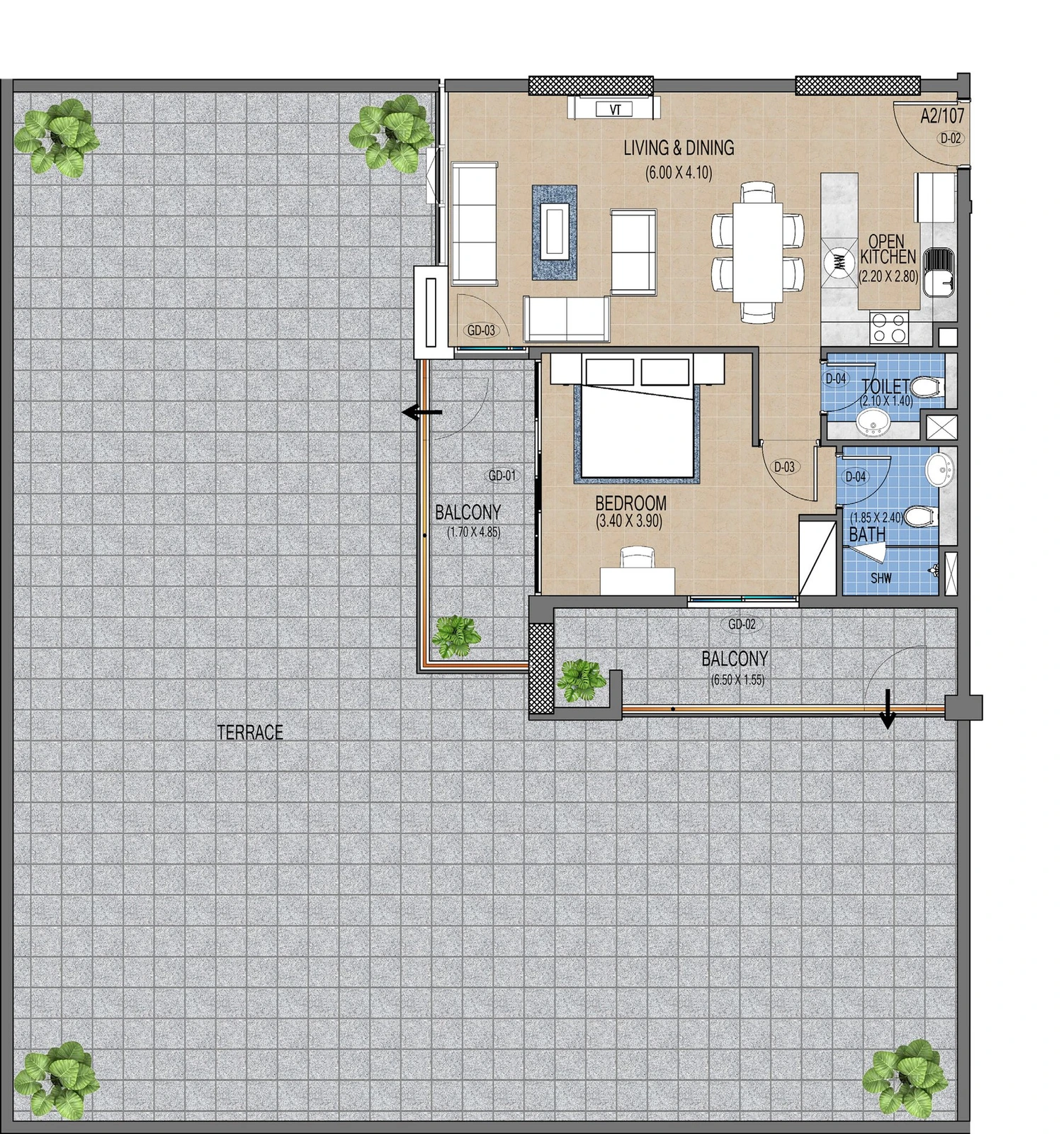 Purvanchal Triana Residences 1-bedroom apartment floor plan A2/107, 2,732 sq ft