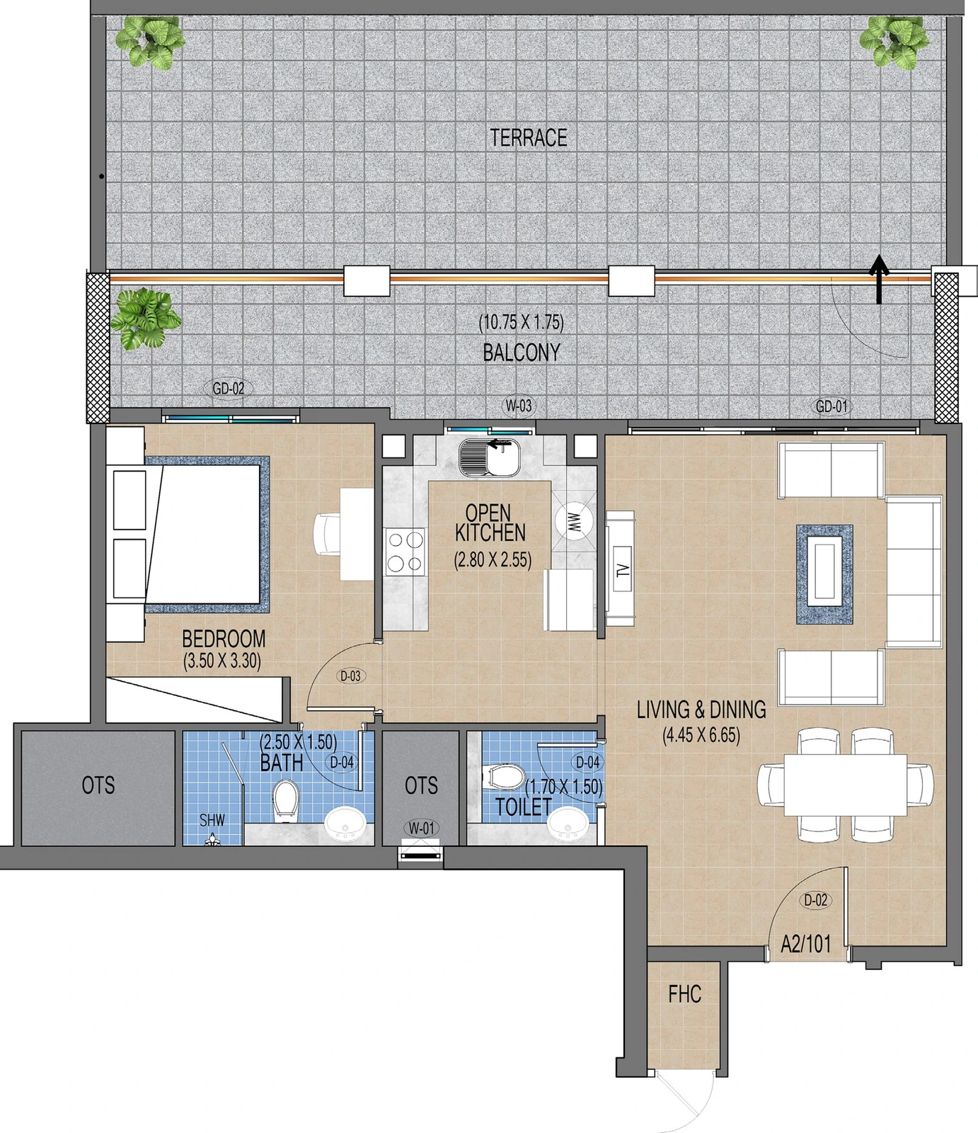 Purvanchal Triana Residences 1-bedroom apartment floor plan A2/101, 1,361 sq ft