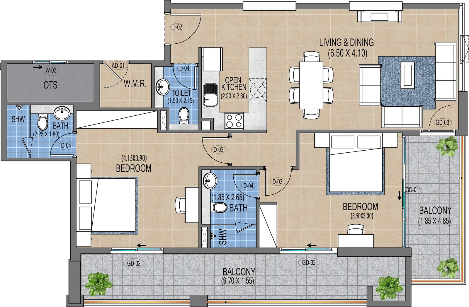Purvanchal Triana Residences 2-bedroom apartment floor plan A1/203, 1,349 sq ft