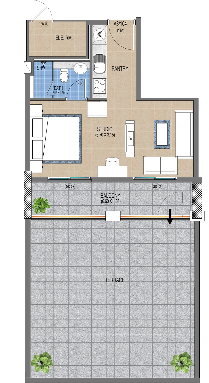 Purvanchal Triana Residences studio apartment floor plan A3/104, 975 sq ft