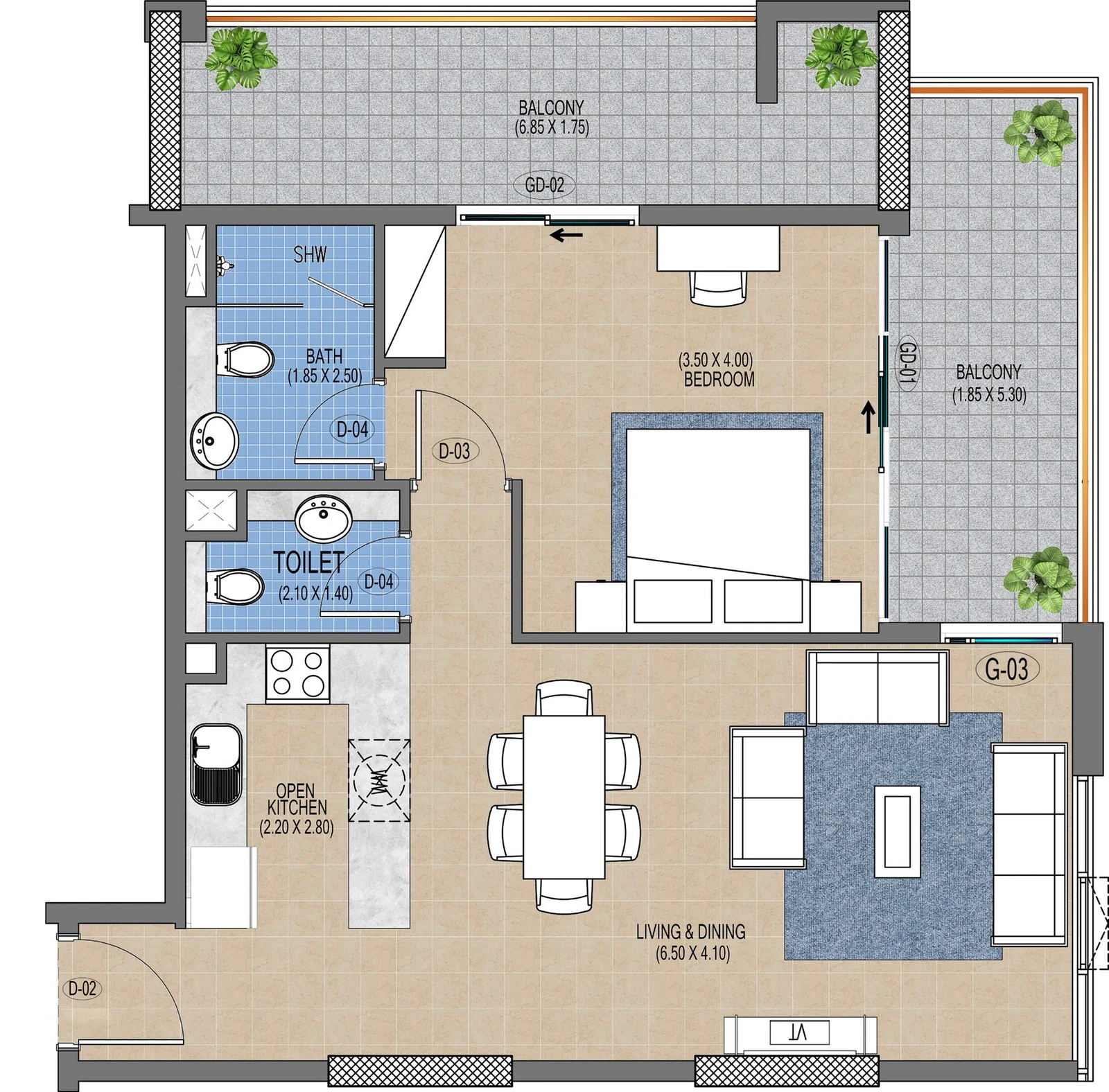 Purvanchal Triana Residences 1-bedroom apartment floor plan A2/202, 999 sq ft