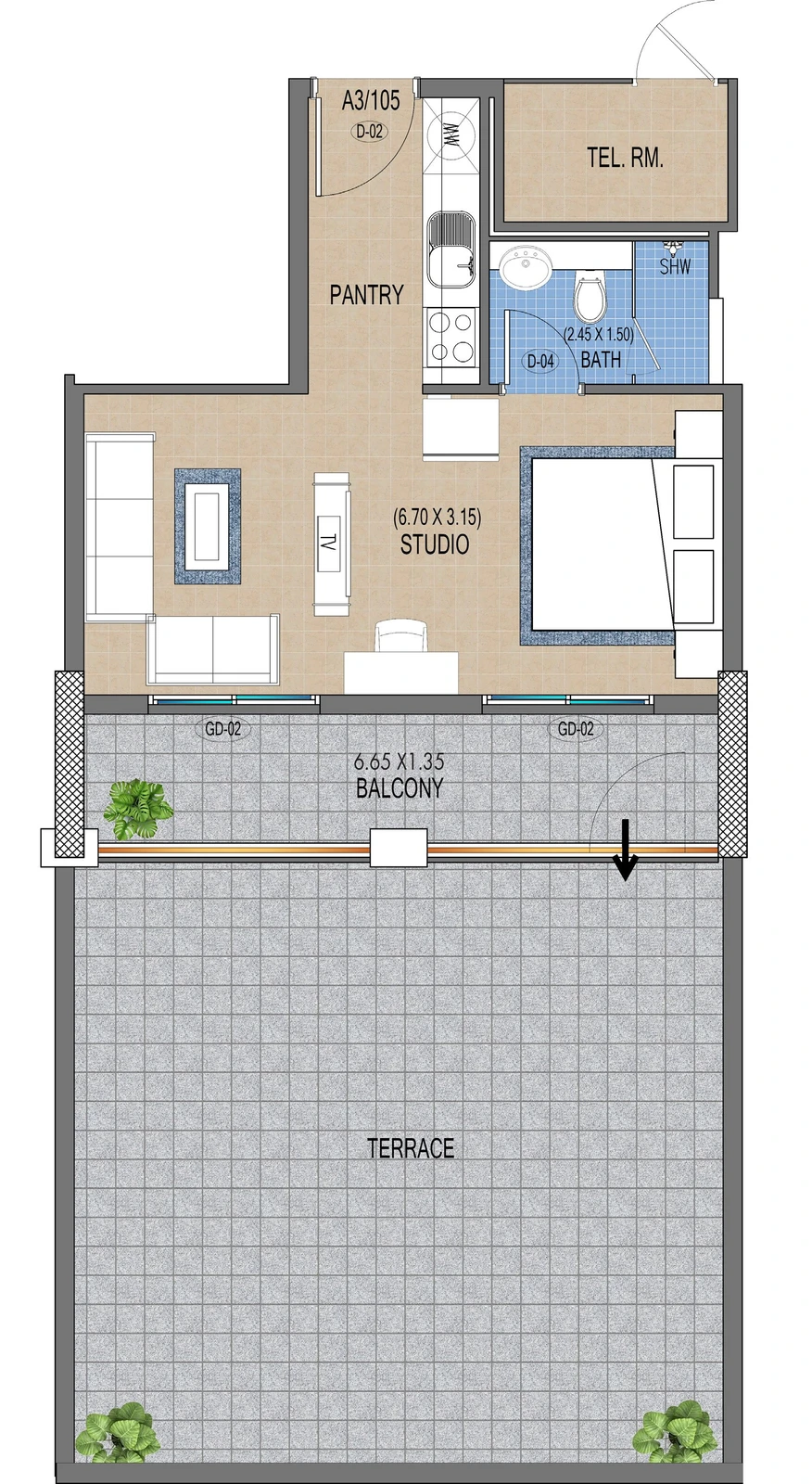 Purvanchal Triana Residences studio apartment floor plan A3/105, 978 sq ft