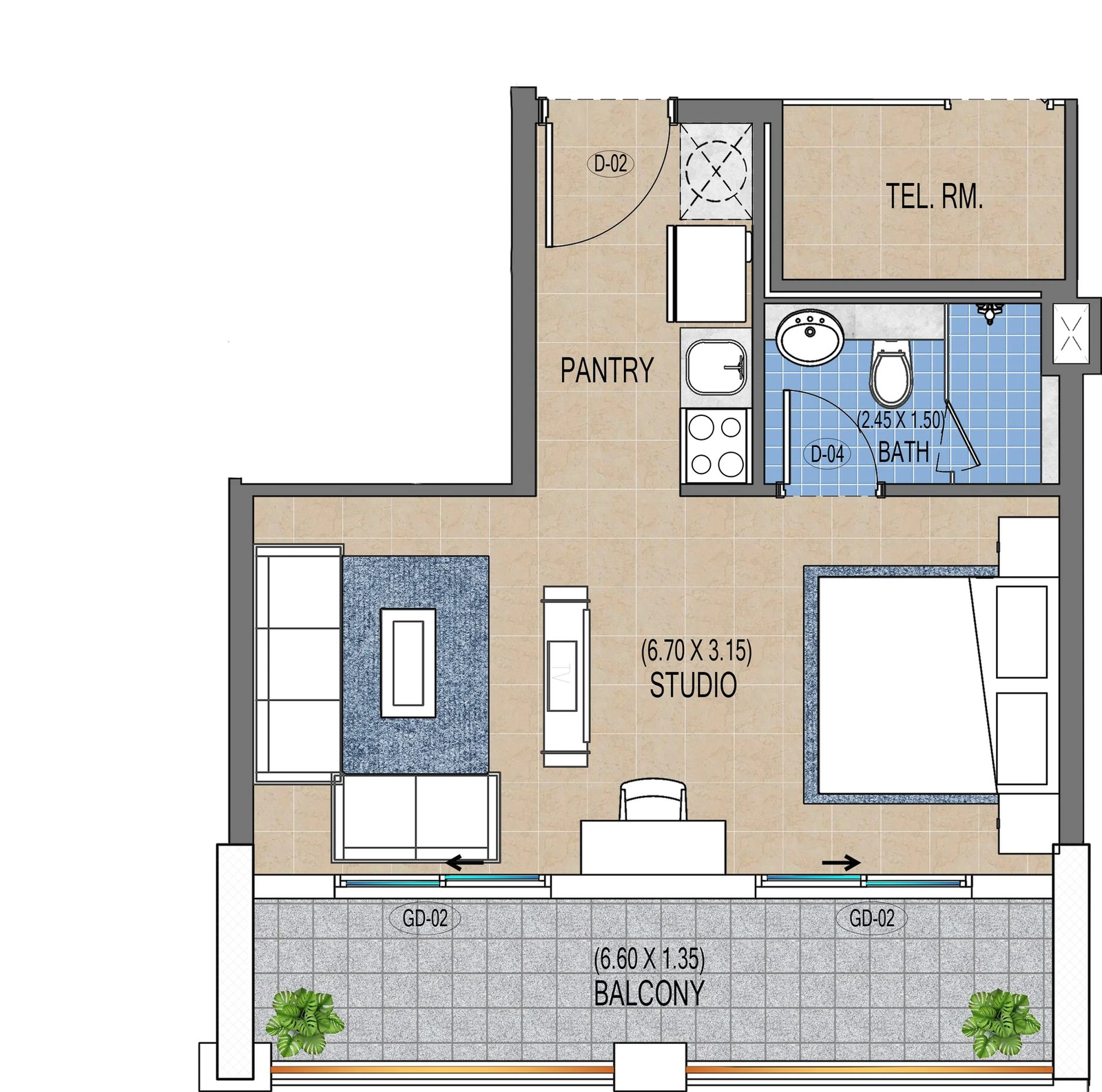 Purvanchal Triana Residences studio apartment floor plan A3/205, 475 sq ft