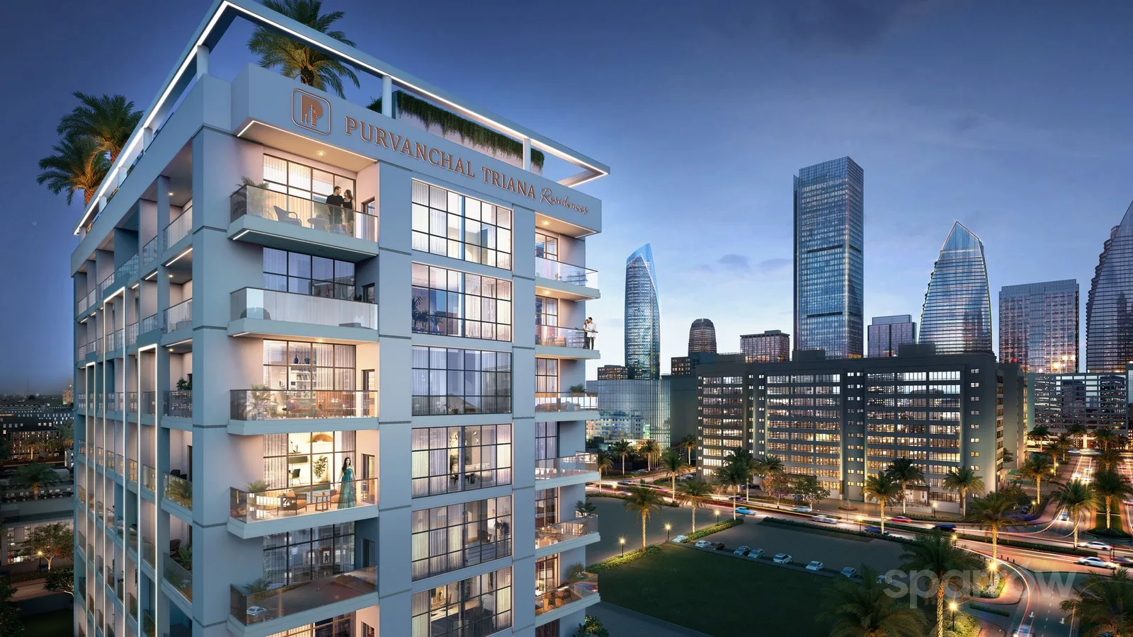 Evening exterior view of Purvanchal Triana Residences