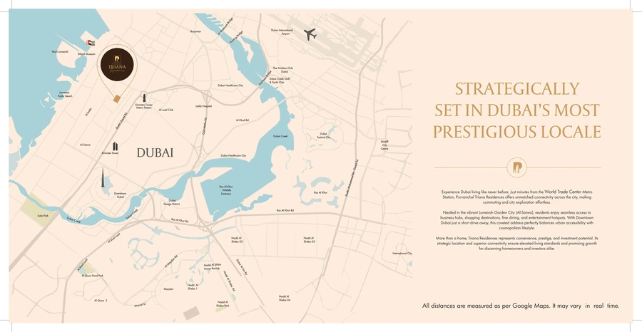 Purvanchal Triana Residences location map in Jumeirah Garden City with nearby metro stations and Dubai landmarks