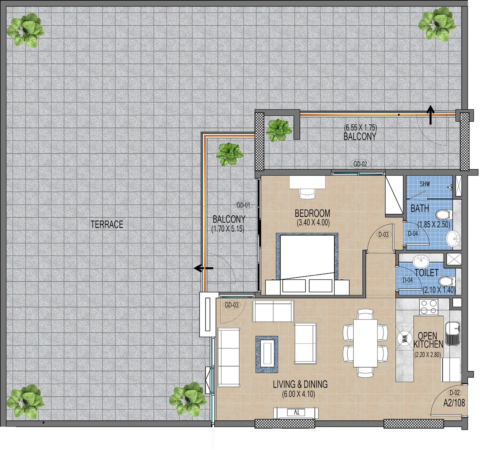 Purvanchal Triana Residences 1-bedroom apartment floor plan A2/108, 2,321 sq ft