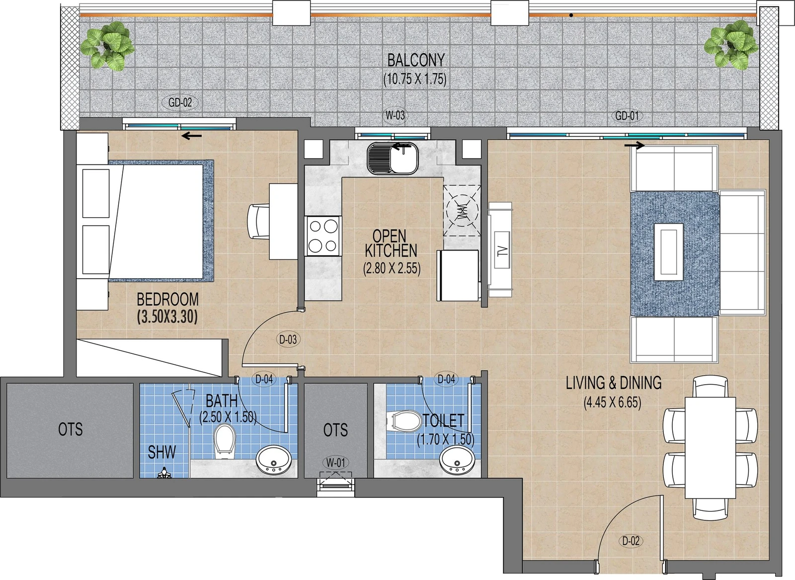 Purvanchal Triana Residences 1-bedroom apartment floor plan A2/201, 919 sq ft