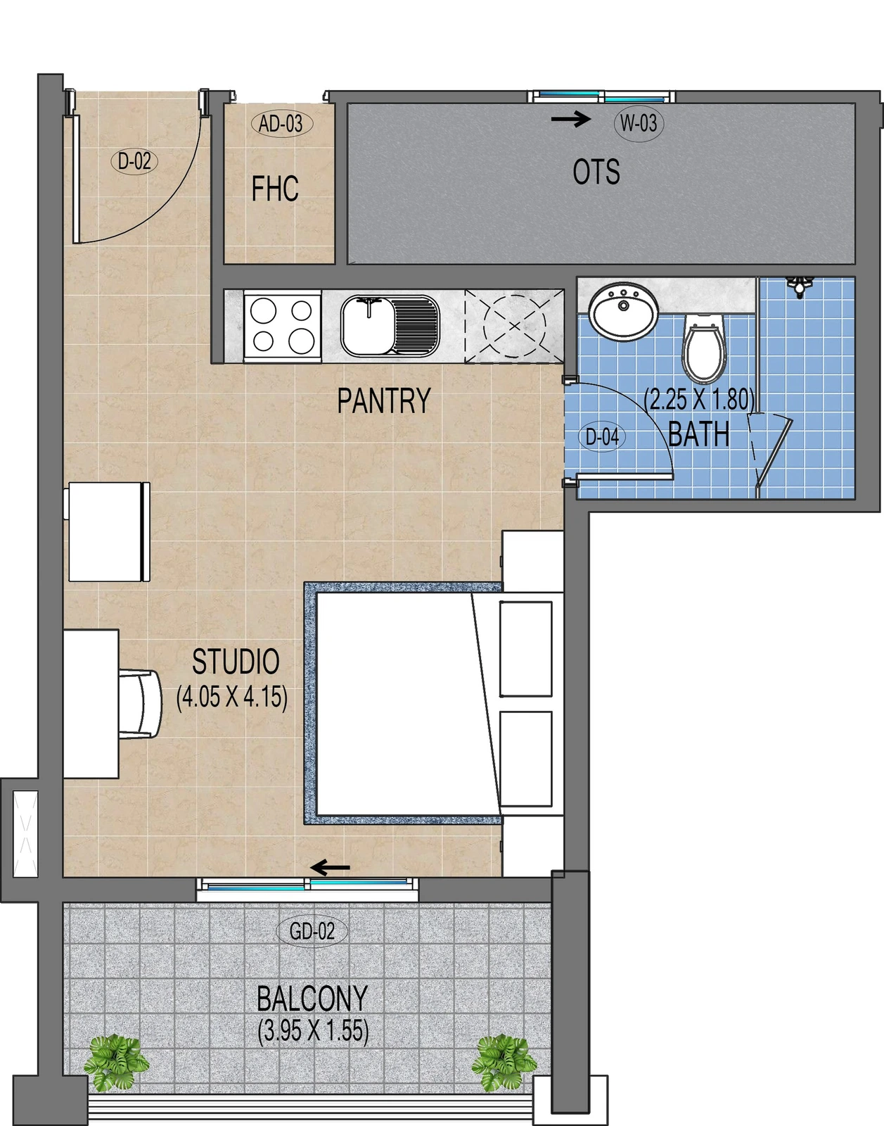 Purvanchal Triana Residences studio apartment floor plan A3/206, 375 sq ft