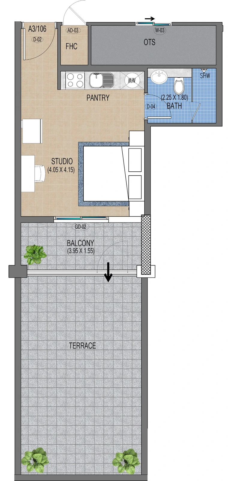 Purvanchal Triana Residences studio apartment floor plan A3/106, 674 sq ft