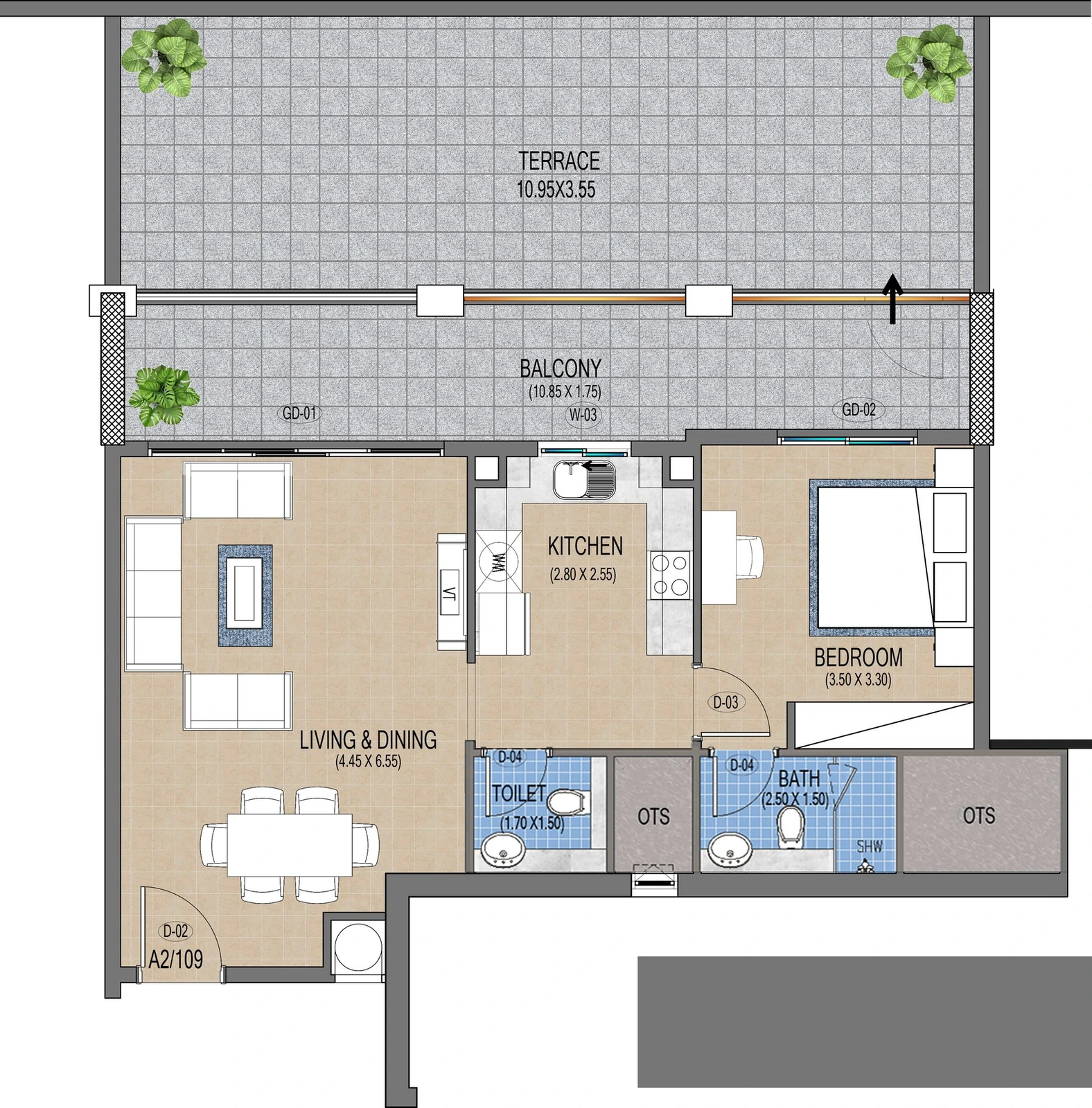 Purvanchal Triana Residences 1-bedroom apartment floor plan A2/109, 1,345 sq ft