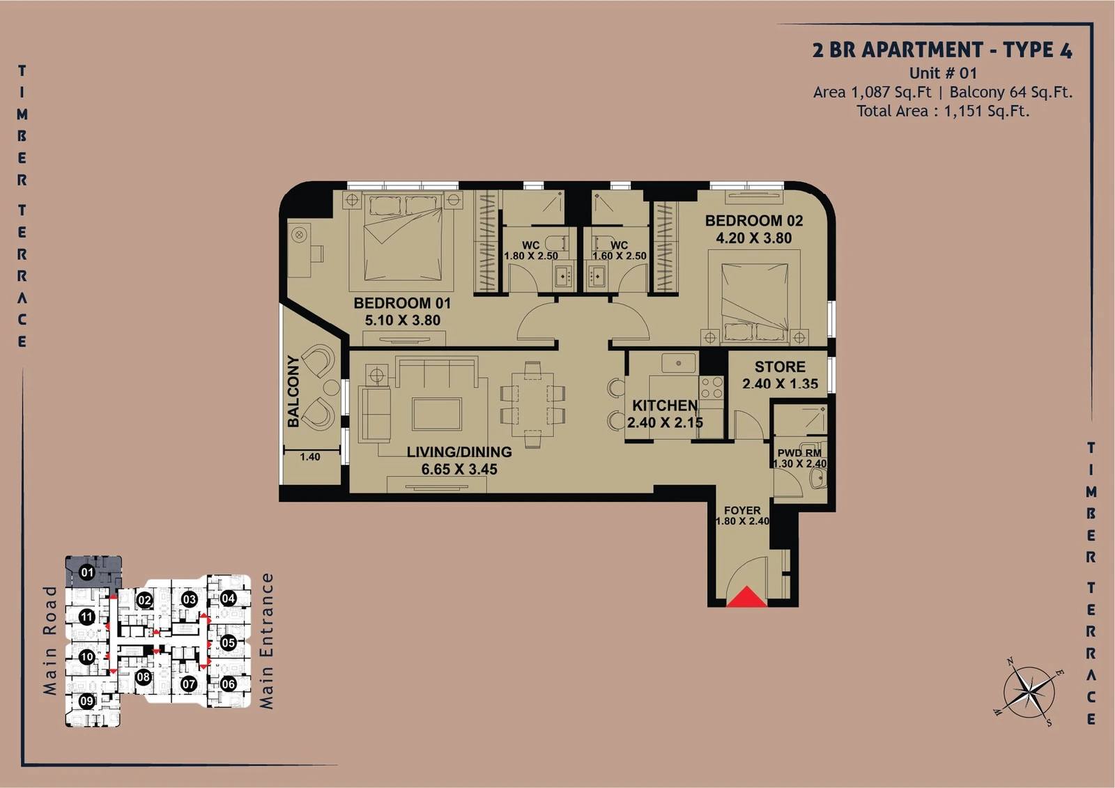 Timber Terrace 2-Bed Apartment, Type 4, Unit 01, 1,151 sq ft floor plan