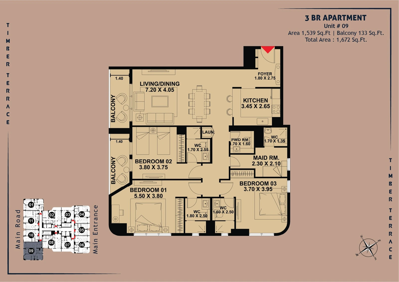 Timber Terrace 3-Bed Apartment, Standard, Unit 09, 1,672 sq ft floor plan