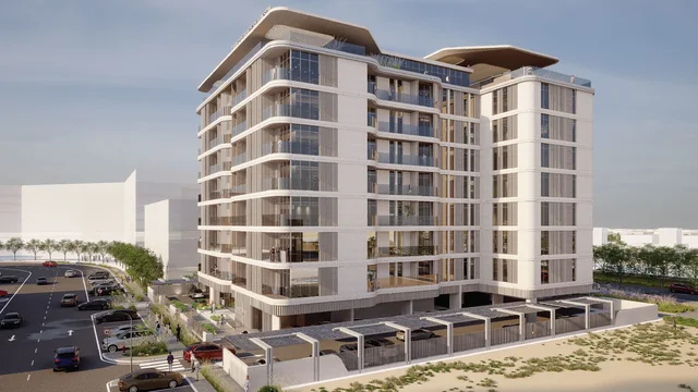 Exterior view of the Timber Terrace apartment building in Dubai South