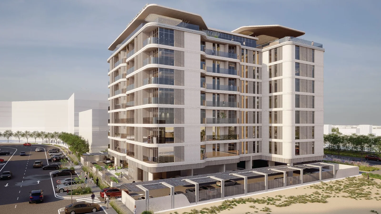 Exterior view of the Timber Terrace apartment building in Dubai South