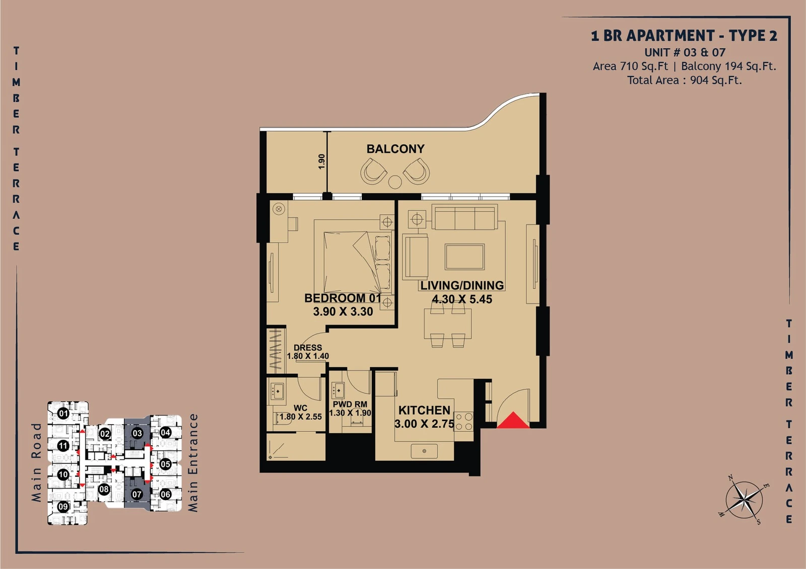 Timber Terrace 1-Bed Apartment, Type 2, Units 03 and 07, 904 sq ft floor plan