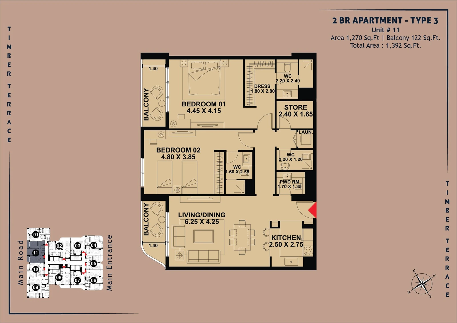 Timber Terrace 2-Bed Apartment, Type 3, Unit 11, 1,392 sq ft floor plan