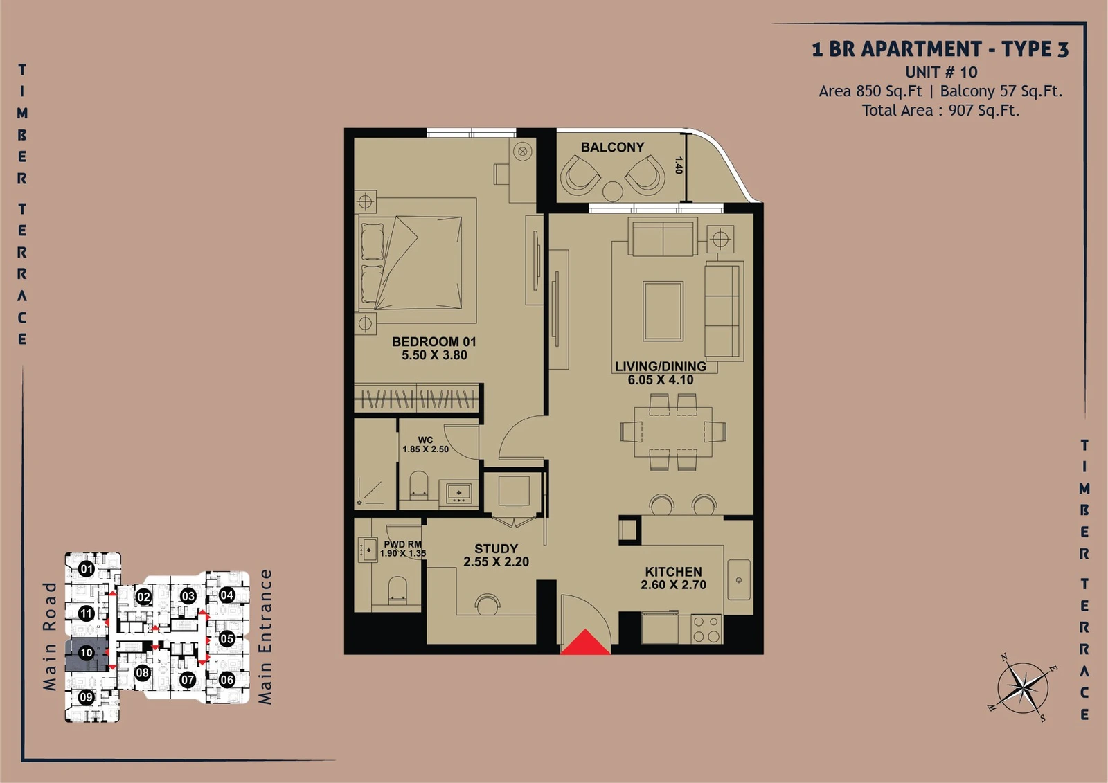 Timber Terrace 1-Bed Apartment, Type 3, Unit 10, 907 sq ft floor plan