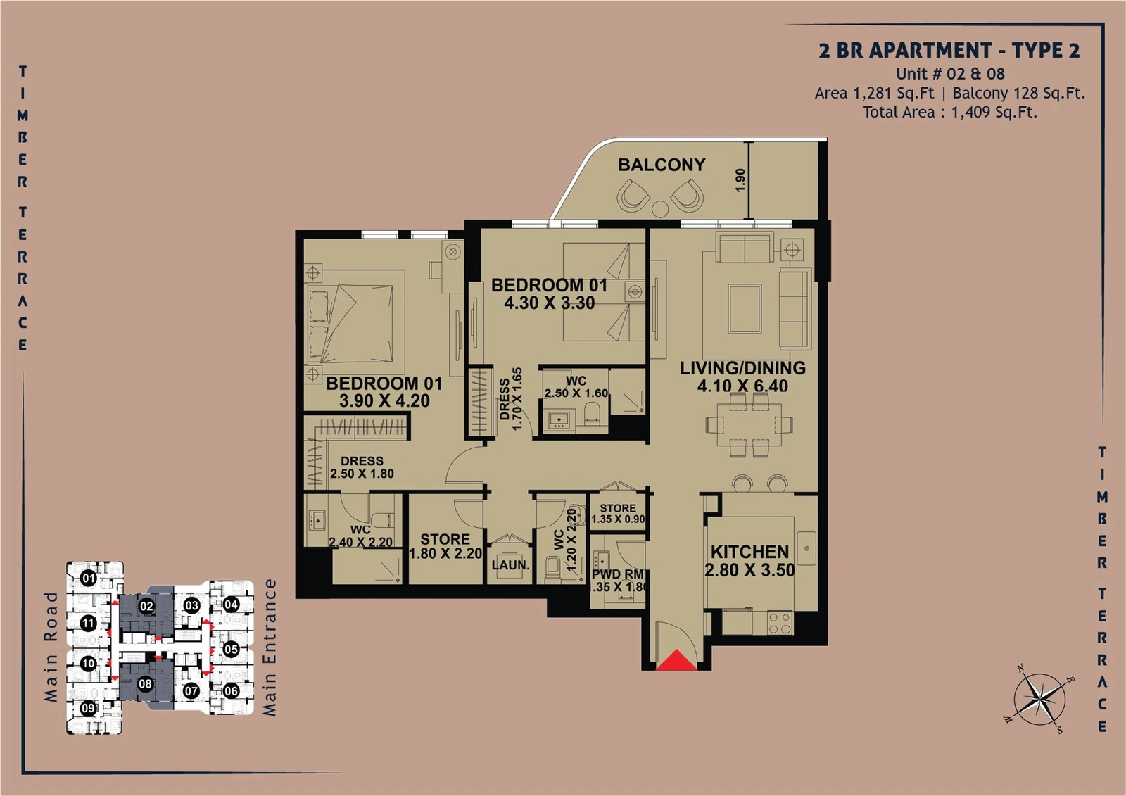 Timber Terrace 2-Bed Apartment, Type 2, Units 02 and 08, 1,409 sq ft floor plan