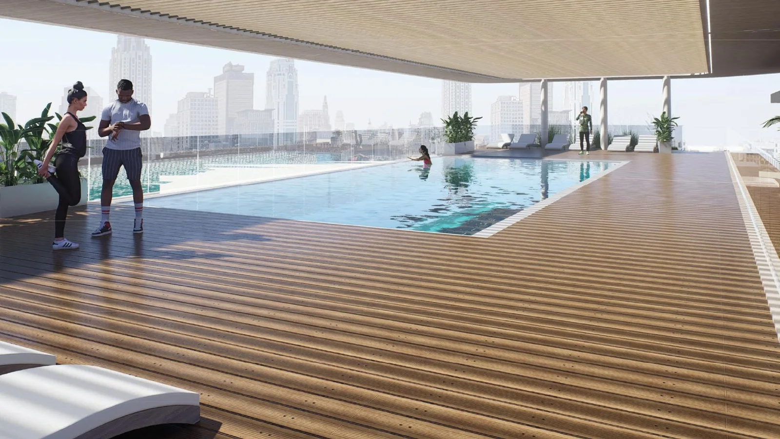Rooftop swimming pool and sun deck at Timber Terrace