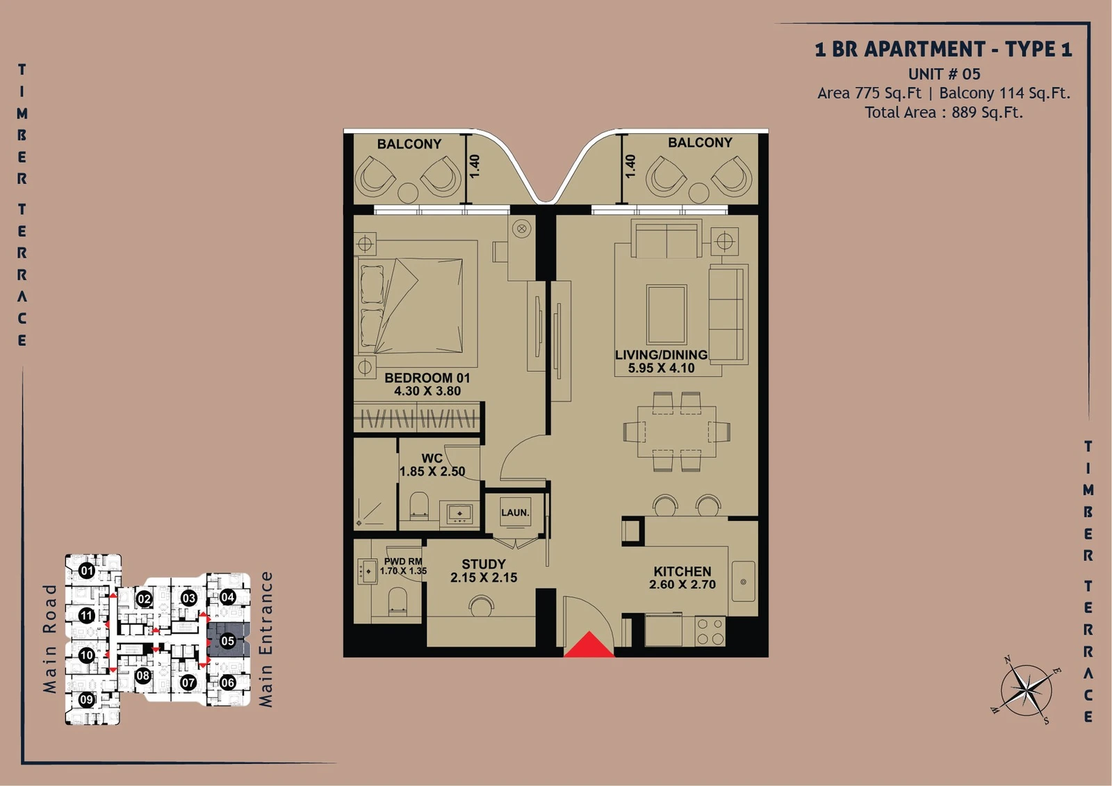 Timber Terrace 1-Bed Apartment, Type 1, Unit 05, 889 sq ft floor plan
