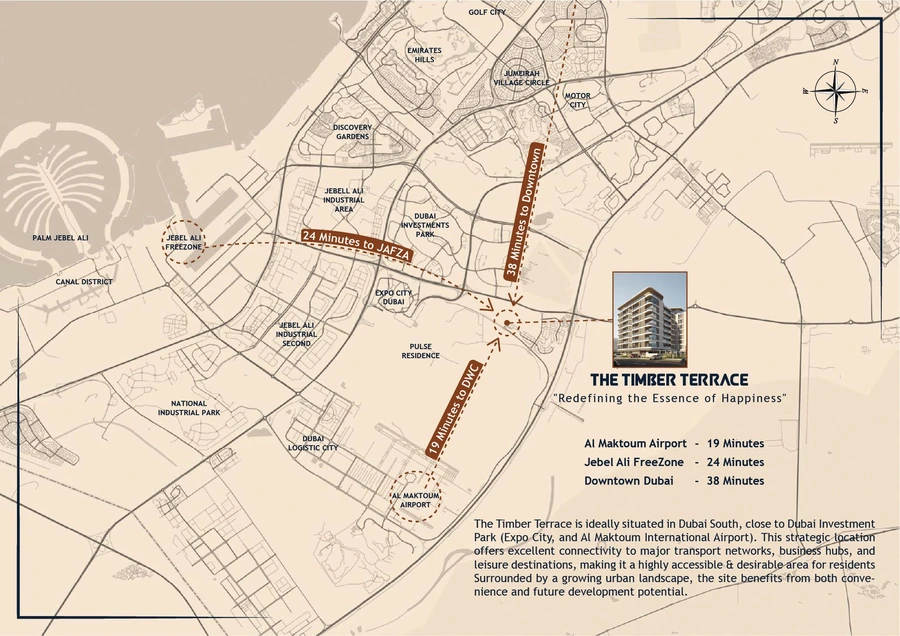 Timber Terrace Dubai South location master plan with nearby destinations and driving times