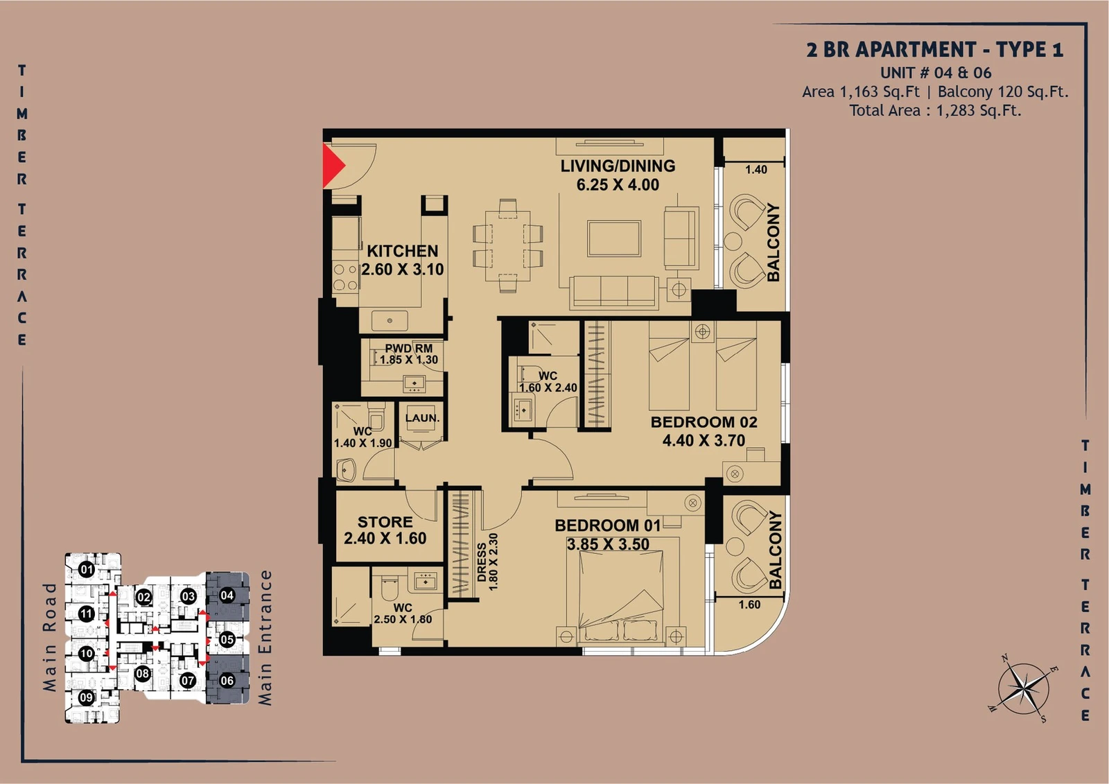 Timber Terrace 2-Bed Apartment, Type 1, Units 04 and 06, 1,283 sq ft floor plan