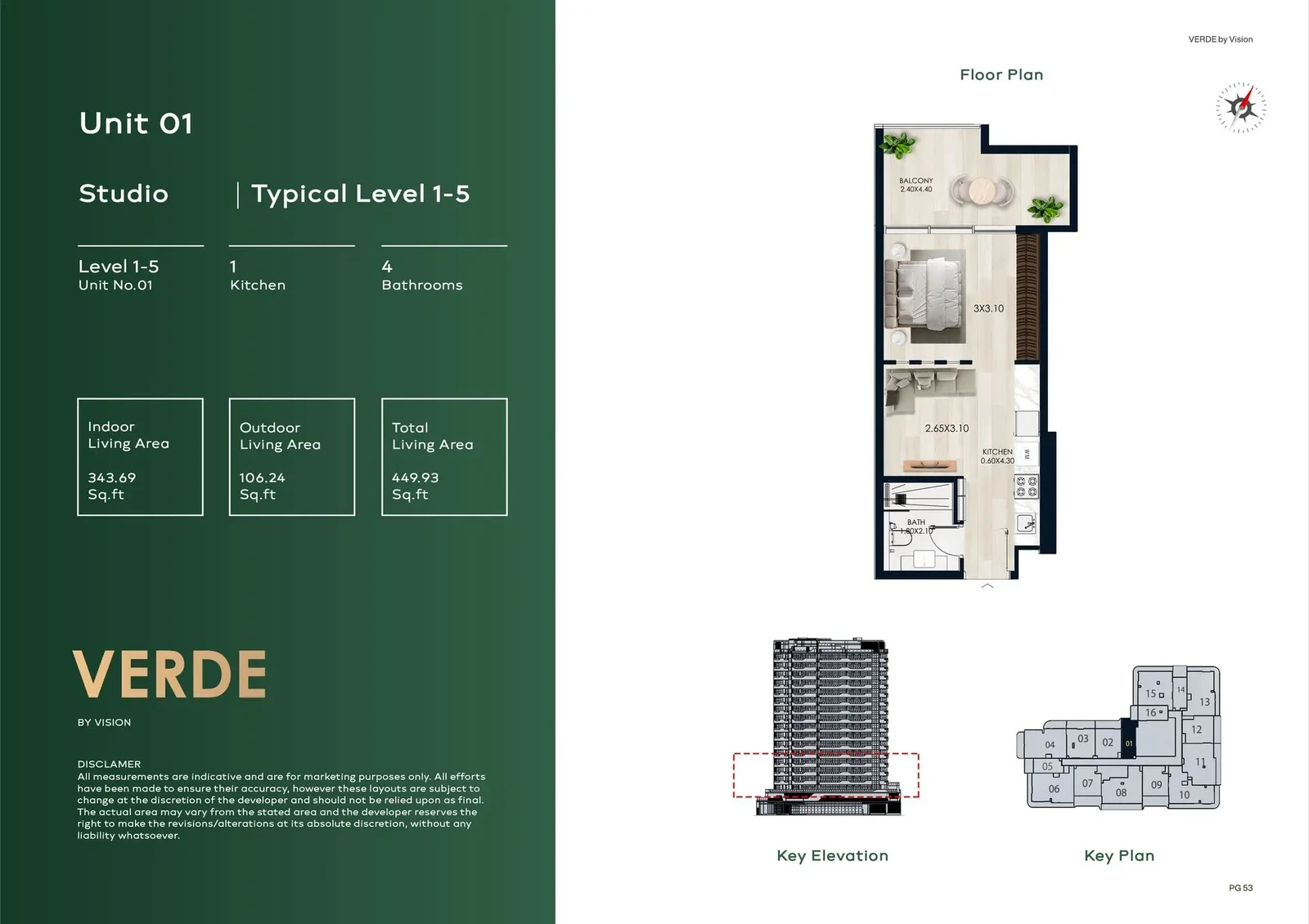 Verde by Vision Studio Apartment, Unit 01, Levels 1–5, 449.93 sq ft floor plan
